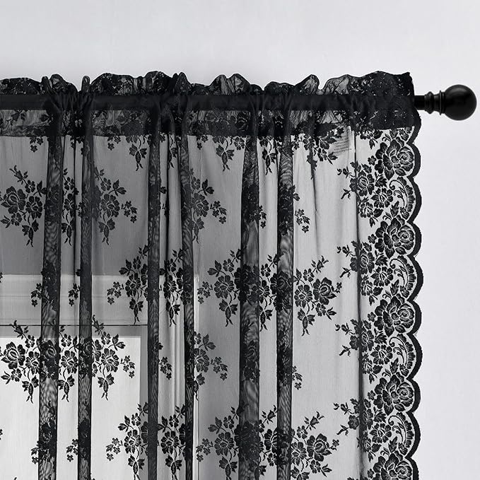 Kotile Black Lace Curtains 30 Inch Length 2 Panels Set, Country Rusitc Gothic Floral Short Lace Kitchen Window Curtains Over Sink, Rod Pocket Privacy Sheer Goth Lace Café Curtains, Each 52 x 30 Inch