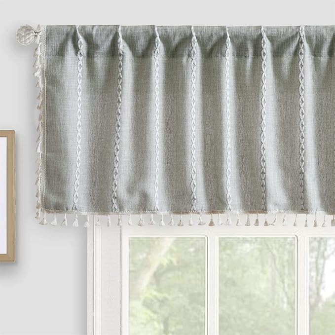 RoomTalks Sage Green Boho Kitchen Valances for Windows Rod Pocket 18’’L x 52’’W Spring Summer French Striped Modern Farmhouse Chic Tassel Curtain Valances for Bathroom Living Room