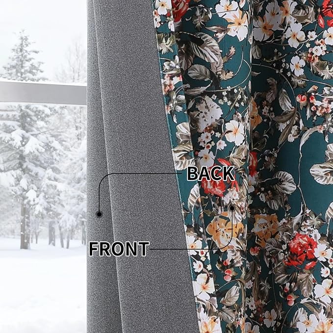 Estelar Textiler Green Velvet Blackout Curtains 108 Inches Long for Bedroom, Soft Elegant Boho Floral Printed Curtains for Living Room, Thermal Insulated Room Darkening Window Grommet Drapes, 52Wx108L