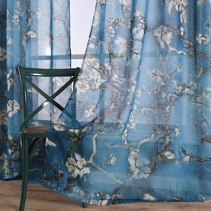 Taisier Home Apricot Blossom Sheer Curtains Printed,Vintage Blue Curtain Drapes for Bedroom/Nursery Elegant Decorative Curtains 2 Panels Set,Ring Top Style Print Drapes,52" W×63”L