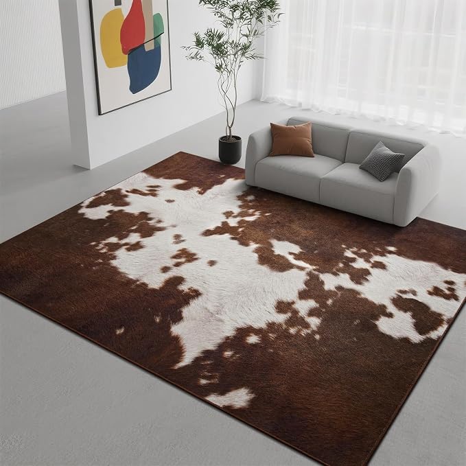 DweIke Cow Print Rugs for Living Room, 5x7 Soft Faux Animal Cowhide Area Rug, Washable Non-Slip Stain Resistant Throw Carpet for Dining Room Office Western Home Decor, Red Brown