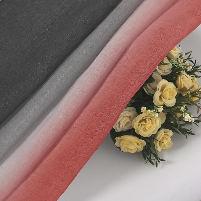 DWCN Ombre Sheer Curtains - Faux Linen Semi Voile Grommet Top Gradient Curtains for Bedroom and Living Room, Set of 2 Window Curtain Panels, 52 x 84 Inch Length（Black and Red