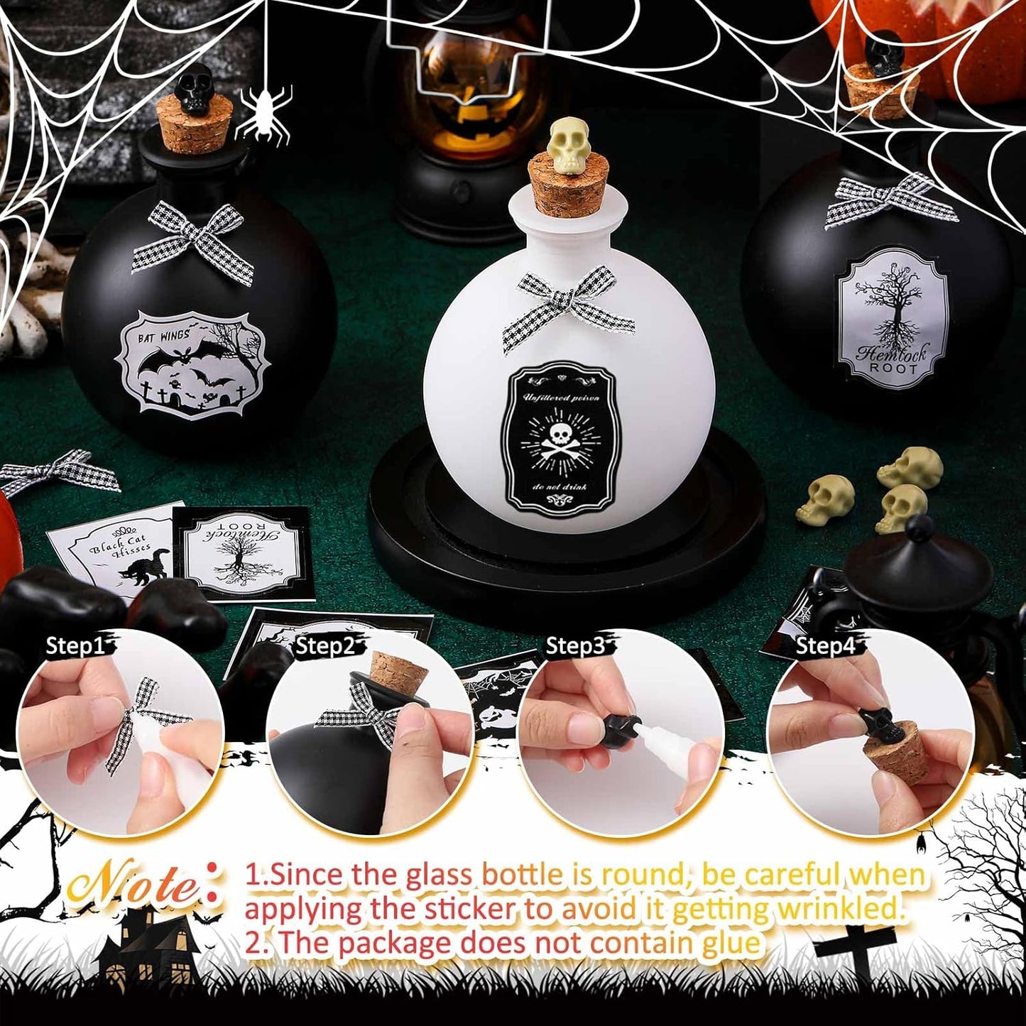 Tessco for you 3 Set Halloween Potion Bottles with Cork - Spherical Apothecary Glass Jars, 20 Gothic Labels(Ghost/Bat/Witch), Tiered Tray Decoration for Farmhouse Table, Home Indoor Halloween