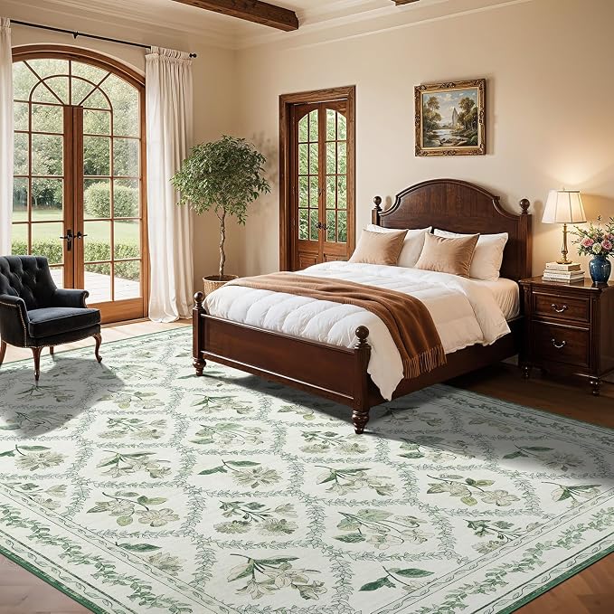LIANLAM Checkered Rug 10x14 Area Rugs for Living Room - Stain Resistant & Non-Slip Backing Vintage Boho Floral Design Rug for Bedroom,Durable & Ultra-Thin Large Washable Area Rug(10x14,Green)