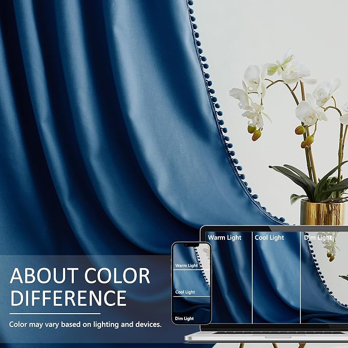 Treatmentex Pom Pom Curtains 95" Blue Blackout Curtains for Bedroom Living Room 95 inch Triple Weave Full Blackout Window Drapes for Hotel Men's Guest Room 52" w x2 Panels Rod Pocket Navy Royal Blue