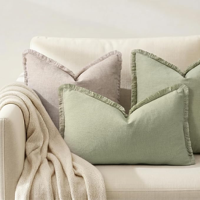 decorUhome Linen Fringe Lumbar Throw Pillow Covers Set of 2 Decorative Sage Green Pillow Covers with Tassels Soft Accent Boho Farmhouse Pillow Cases for Couch Bed Sofa 12x20 Inch