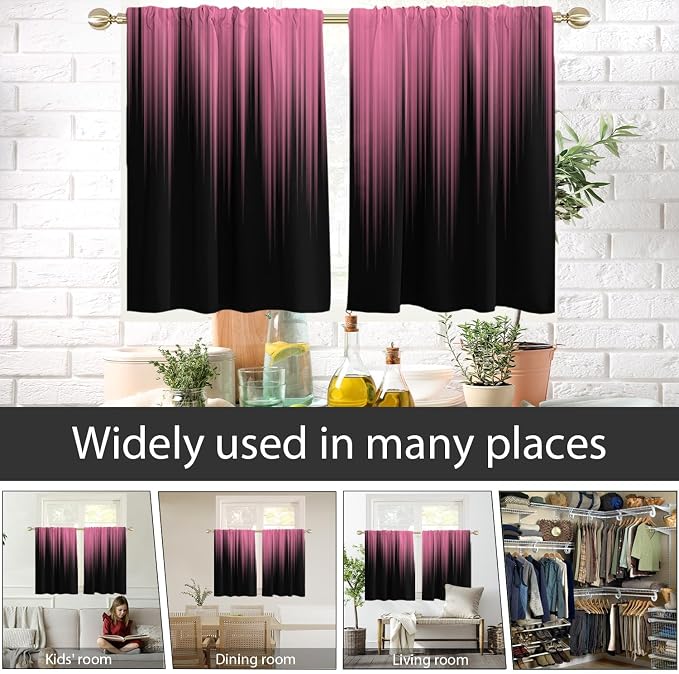 AAtter Pink and Black Kitchen Curtains, Ombre 27.5" W x 36" L, 2 Panels | Gothic Modern Abstract Striped, Cute Preppy Girls Style, Rod Pocket Bathroom Window Drapes, Small Short Tiers for Women