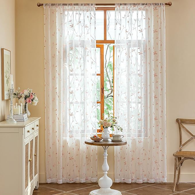 AmHoo 2 Panels Embroidered Leaf Pattern Semi Sheer Curtains Foliage Floral Voile Window Draperies Treatment for Bedroom Living Room Rod Pocket White Pink 53 x 95 Inch