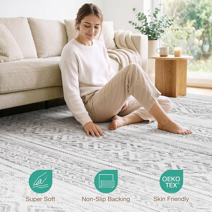 cotiled 5x7 Area Rugs Living Room Rug: Washable Boho Rugs with Non Slip Backing Large Soft Indoor Stain Resistant Carpet for Bedroom Farmhouse Dining Room Lightweight Home Decor Light Grey