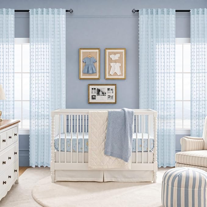 Sheer Light Blue Curtains 90 Inches Long for Living Room Bedroom 2 Panels Set Back Tab Pom Pom Boho Semi Sheer Drape Coastal Nautical Aesthetic Window Curtain for Patio French Door 52x90 Baby Sky Blue