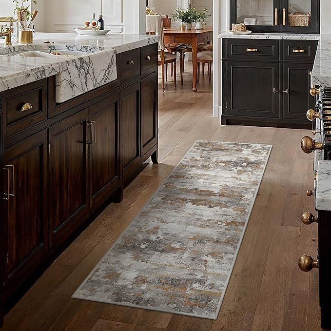 GENIMO Washable Rugs 2'6"x6 Runner Rugs for Hallway Kitchen, Modern Lightweight Rug Ultra Soft Indoor Runner Rugs for Entryway, Low Pile Carpet with Non Slip Backing, Grey Brown Beige