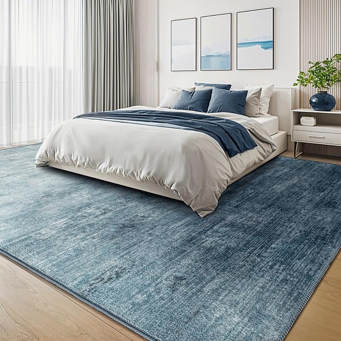 8x10 Washable Area Rug, Blue Solid Area Rugs for Living Room & Bedroom | Stain-resistant & Non-slip backing,Low Pile Washable Large Carpet, Solid Vintage Style For High Traffic Areas(8x10,Blue)