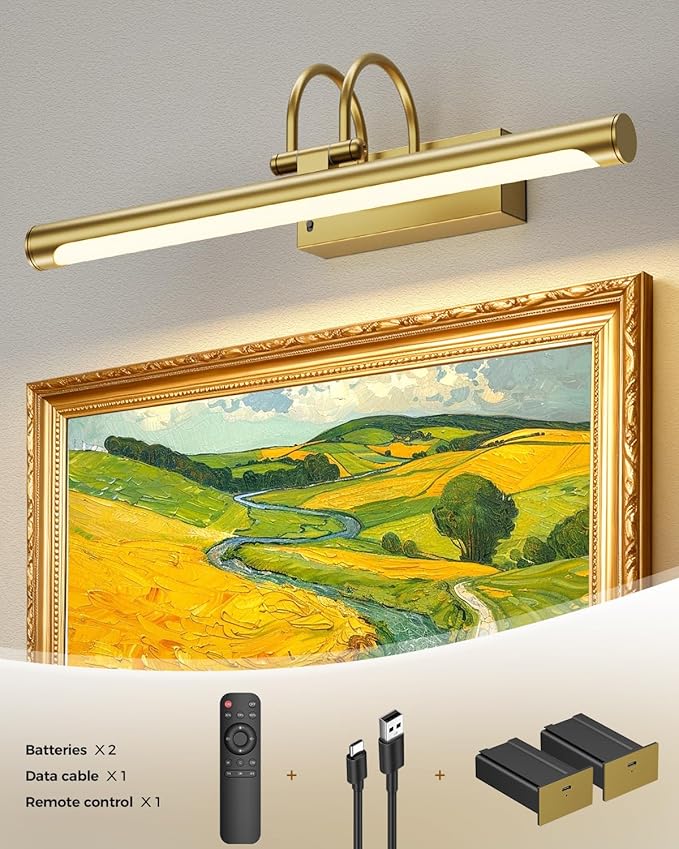Battery Operated Picture Light with Remote, 15.7″ Wireless Wall Light for Artwork & Frames, Rechargeable LED Gallery Lamp, Dimmable with Timer, Adjustable Metal Design, Electroplated Gold Finish