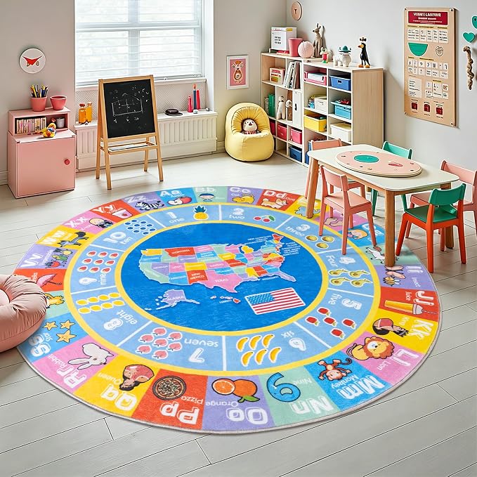 Kids Rugs for Playroom - Soft & Non-Slip 6x6 Feet Round Educational Rug for Learning ABC Alphabet, Numbers, Shapes & Map, Washable Classroom Rug for Bedroom Nursery & Kids Room Decor