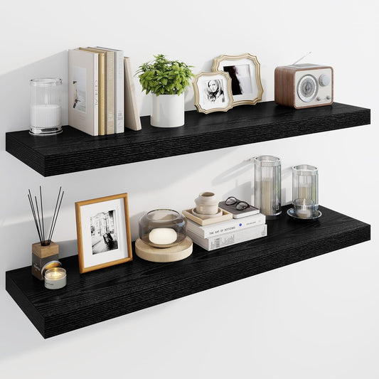 Marsmiles 39" Floating Shelves for Wall, Wooden Shelves with Invisible Brackets Set of 2, Rustic Farmhouse Wall Mounted Shelf for Kitchen Bathroom Living Room Study, Black