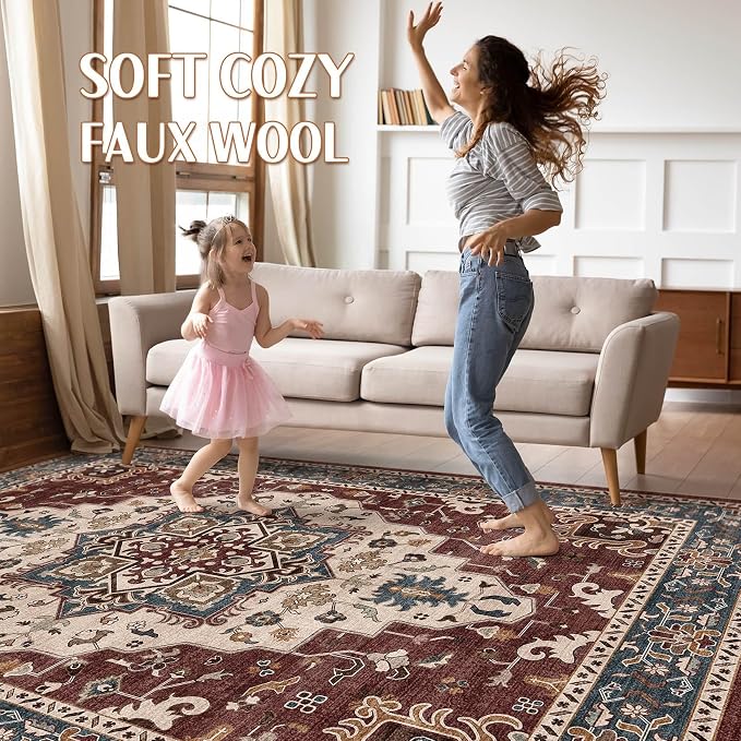 7x9 Area Rug Living Room: Washable Boho Large Neutral Vintage Soft Rug Stain Resistant Farmhouse Non-Slip Indoor Floor Retro Carpet for Bedroom Nursery Kids Office Dining Room- Burgundy