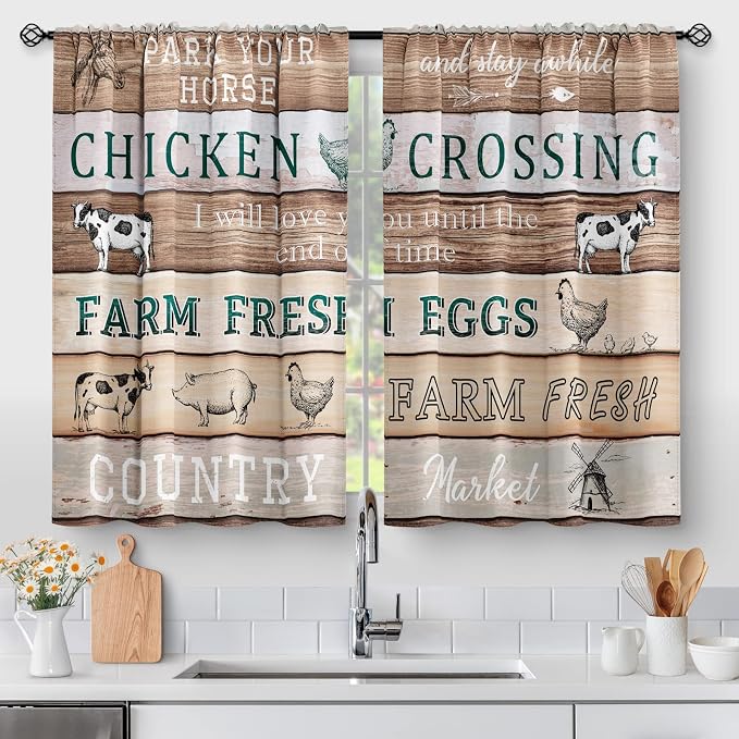 Farmhouse Country Rustic Kitchen Curtains - Retro Farm Wooden Rooster Vintage Style Animal Short Cafe Tier Curtains Decor for Dining Room Rod Pocket Window Drapes 24 Inch Length 2 Panels Set