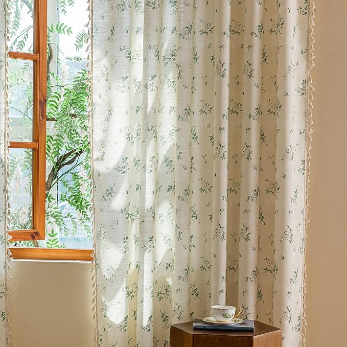 OYX Boho Floral Spring Semi Sheer Curtains 96 Inch Length 2 Panels, Linen Texture Farmhouse Light Filtering Curtains Beige Tassel for Bedroom Living Room Vintage Rustic Patterned Printed Rod Pocket