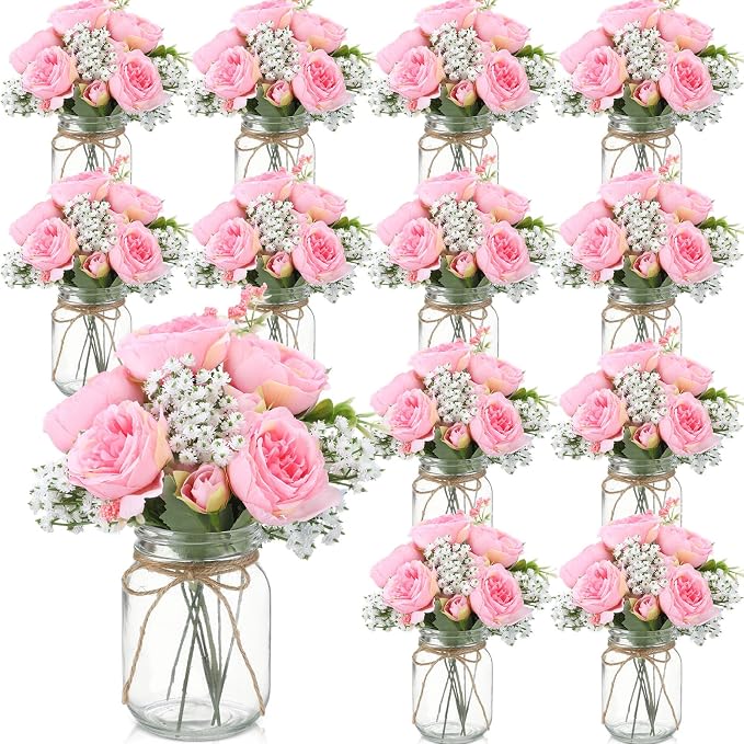 Zeyune 12 Sets Mason Jar Centerpiece Table Decorations, Artificial Peony Baby's Breath Flower Bouquets, Faux Flowers with Vase, Rustic Decor Gifts for Home, Wedding, Holiday (Coral Pink)