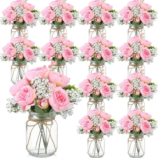 Zeyune 12 Sets Mason Jar Centerpiece Table Decorations, Artificial Peony Baby's Breath Flower Bouquets, Faux Flowers with Vase, Rustic Decor Gifts for Home, Wedding, Holiday (Coral Pink)