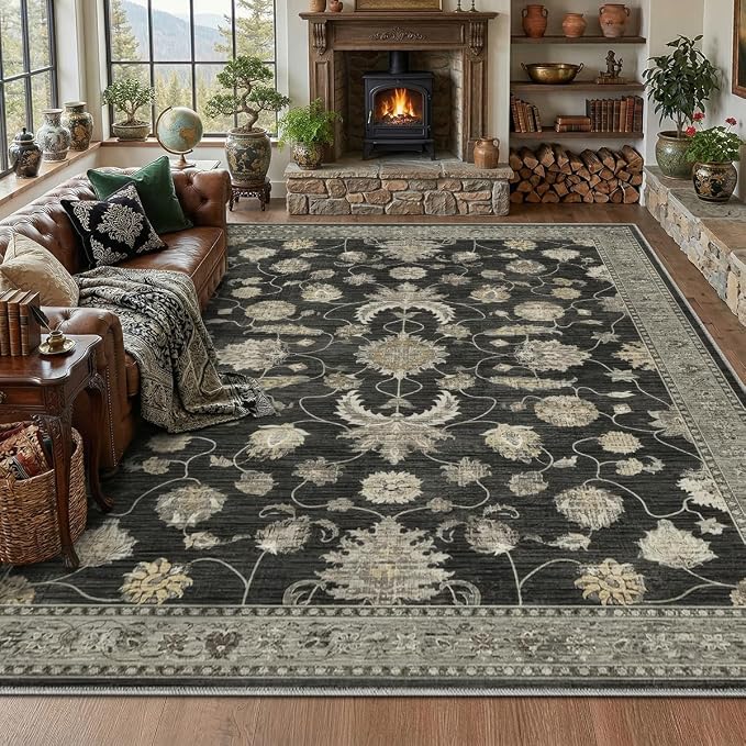 10x12 Area Rug for Living Room-Vintage Farmhouse Boho Floral Washable Stain Resistant Indoor Carpet for Bedroom Office and Home Decor(Black&Gold)