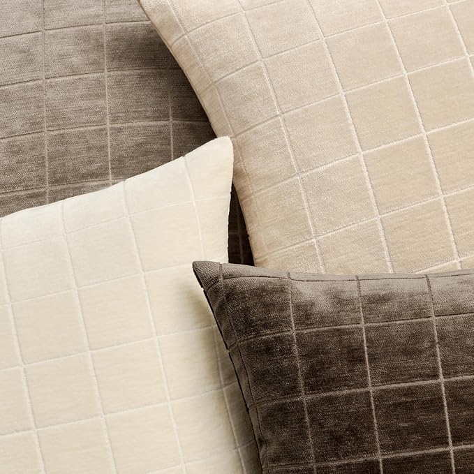 MIULEE Beige Plaid Decorative Throw Pillow Covers 16x16 Set of 2 | Vintage Check Chenille Couch Pillows Neutral Boho Farmhouse Cushion Covers Modern Home Decor for Sofa Bed Living Room