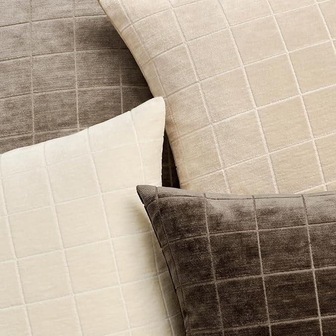 MIULEE Beige Plaid Decorative Throw Pillow Covers 22x22 Set of 2 | Vintage Check Chenille Couch Pillows Neutral Boho Farmhouse Cushion Covers Modern Home Decor for Sofa Bed Living Room