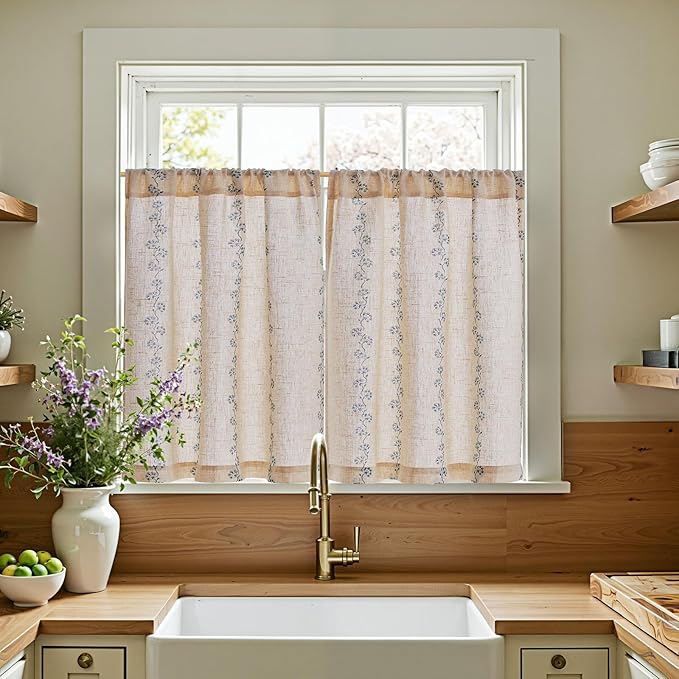 jinchan Katy Linen Floral Kitchen Curtains 36 Inches Length Stripe Cafe Curtains Farmhouse Cottagecore Tier Small Window Drapes for Living Room Light Filtering Rod Pocket 2 Panels Blue on Linen