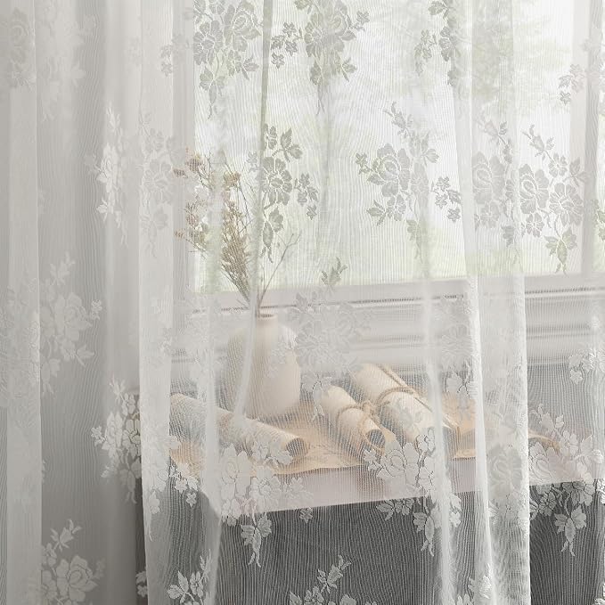 Kotile Farmhouse Lace Kitchen Curtains 45 Inch Length, Country Rustic Floral Ivory Lace Curtains for Small Window, Rod Pocket Privacy Sheer Lace Curtains, 42 x 45 Inch Each, 2 Panels, Ivory