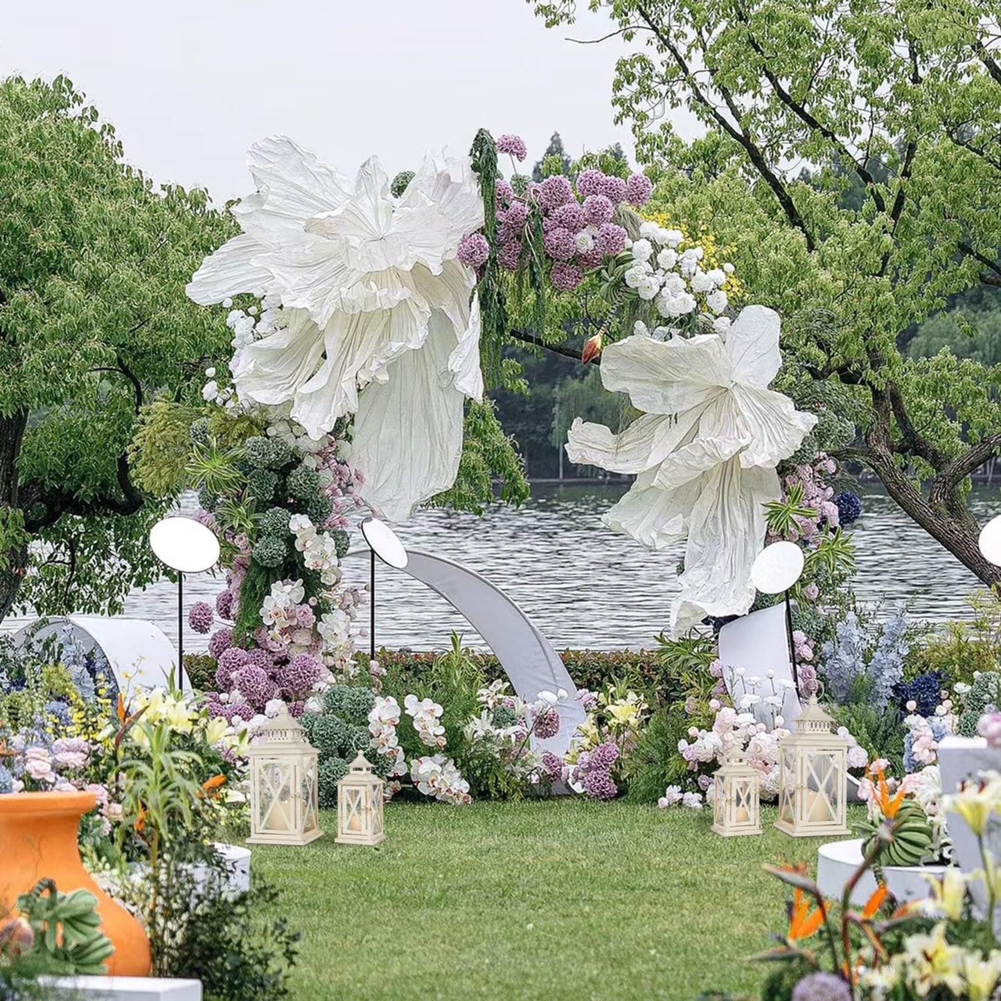 NEEDOMO Lanterns Decorative Outdoor&Indoor, Set of 4 (14"&10") Beige Metal Lantern Decor with Glass, Candle Holder for Porch, Patio, Garden, Balcony, Wedding, Table Centerpiece