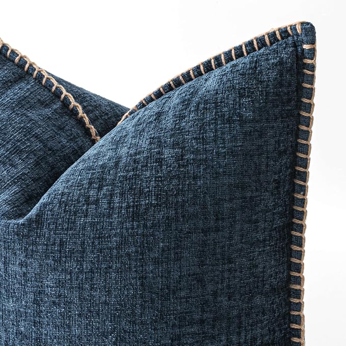 MIULEE Pack of 2 Couch Throw Pillow Covers 20x20 Inch Dark Blue Farmhouse Decorative Pillow Covers with Stitched Edge Soft Chenille Solid Dyed Pillow Covers for Sofa Bed Living Room