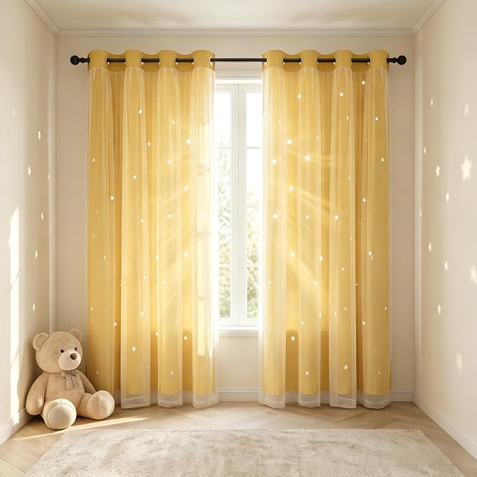 Kids Blackout Curtains for Bedroom/Living Room/Classroom, Sheer Overlay 2 Panel Set, Double Layer Curtains with Star Cutout for Kids Room(Each Piece W 70 x L 95 Inches 2 Pcs Yellow)