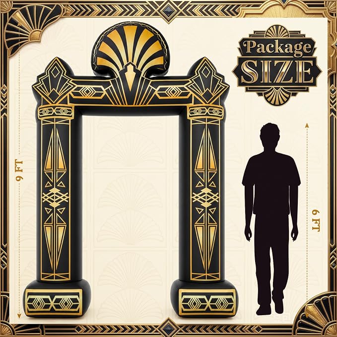 Seenelling 9 FT Roaring 20s Theme Giant Inflatable Archway Decoration Great Black Gold Geometric Arch Built-in LED Lights for 1920s Party Speakeasy Roaring Music Theme Party Supplies