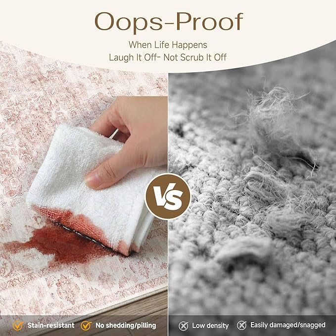 6x9 Washable Neutral Area Rug Pink Vintage Living Room Bedroom Carpet Non-Slip Soft Low Pile Farmhouse Indoor Throw Rug for Dining Room Entryway Office