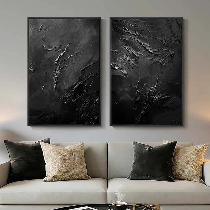 Large Framed Black Abstract Wall Art Set of 2 for Living Room, Modern Minimalist Painting Print Canvas Artwork for Walls, Contemporary Luxury Trendy Wall Decor for Bedroom Office Hallway, 24x36 Inch