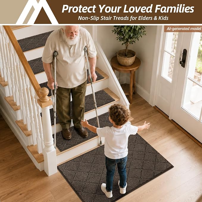 COSY HOMEER Edging Stair Treads Non-Slip Corner Indoor Stair Runners for Wooden Steps,Landing Slip Resistant Stair Rugs for Kids and Dogs, 100% Polyester TPE Backing,Brown,20"X32"