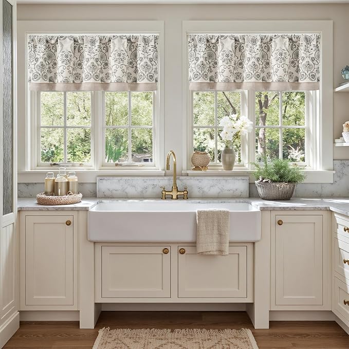 jinchan Linen Valance Kitchen Curtain Pack of 2 Double Layer 16 Inch for Living Room Bedroom Window Treatment Light Filtering Vintage Farmhouse Cottagecore Rod Pocket 2 Panels Grey on Beige
