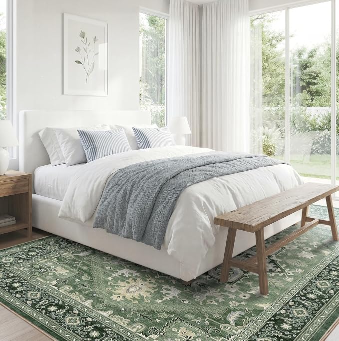 OPPODREAM Soft 9x12 Area Rugs for Living Room, Washable 9x12 Rugs for Bedroom with Non Slip Backing, Faux Cashmere Low-Pile 9 x 12 Carpet, Dark Green