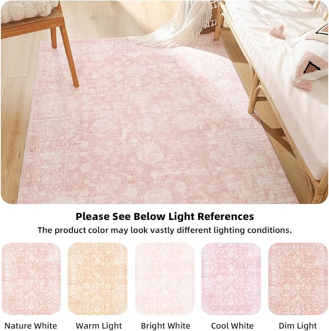FROZZUR Boho Pink Area Rug 8x10 Large Vintage Rug for Living Room Bedroom Dining Table, Non Slip Distressed Washable Rugs for Home Office Decor Pink