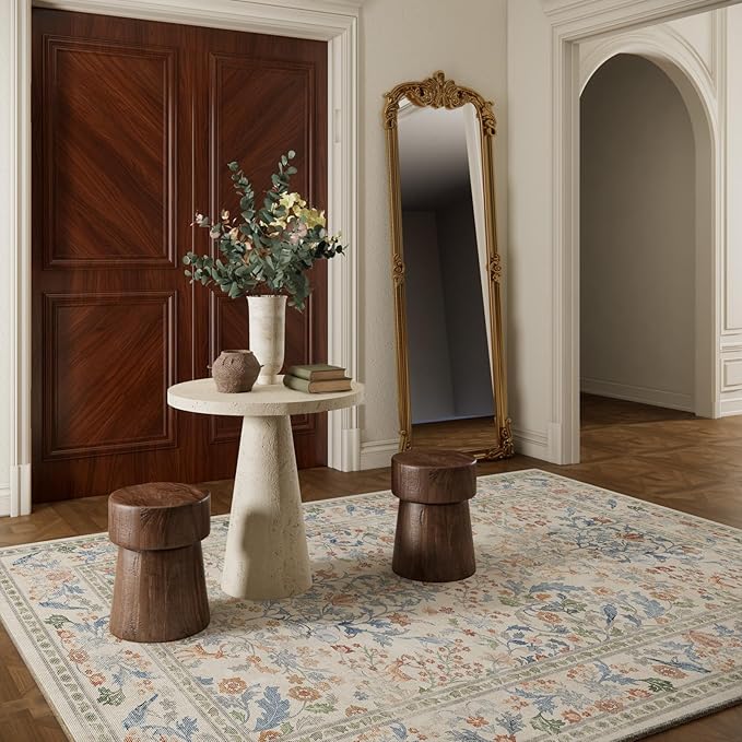 Washable Area Rugs for Living Room: 5x7 Bedroom Rug Vintage Area Rug Stain Resistant Non Slip Low Pile Lightweight Soft Carpets for Dining Room Kitchen Nursery Kids Room Farmhouse Indoor