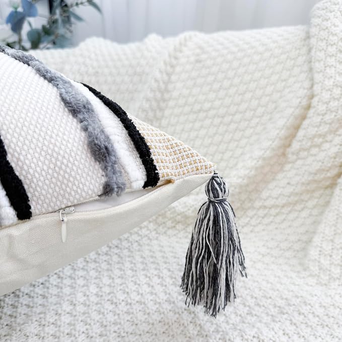 NUYECY Chenille and Cotton Long Pillow for Bed, Striped Textured Boho Lumbar Throw Pillow Cover 14x36, Neutral Accent Decorative Extra Long Body Pillow Case for Couch, Sofa, Bedroom, Grey