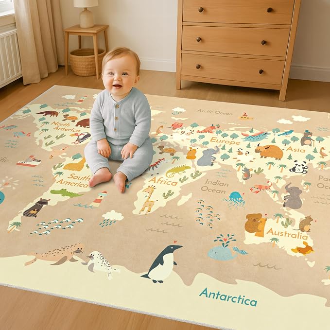 Kids Bedroom Rug with World Map & Animals – 4x6 Educational Washable Area Rug for Playroom, Cute Global Animal, Featuring Continents & Native Wildlife Carpet for Dorm or Classroom - Soft Beige