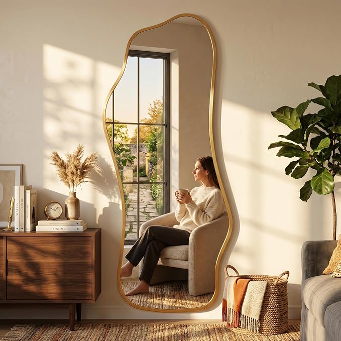 Mirror Full Length - Irregular Full Body Mirror Standing or Leaning or Wall Hanging 62.2"x 22.8" Asymmetrical Aviation Aluminum Alloy Frame Unique for Bedroom, Living Room, Cloakroom, Entryway