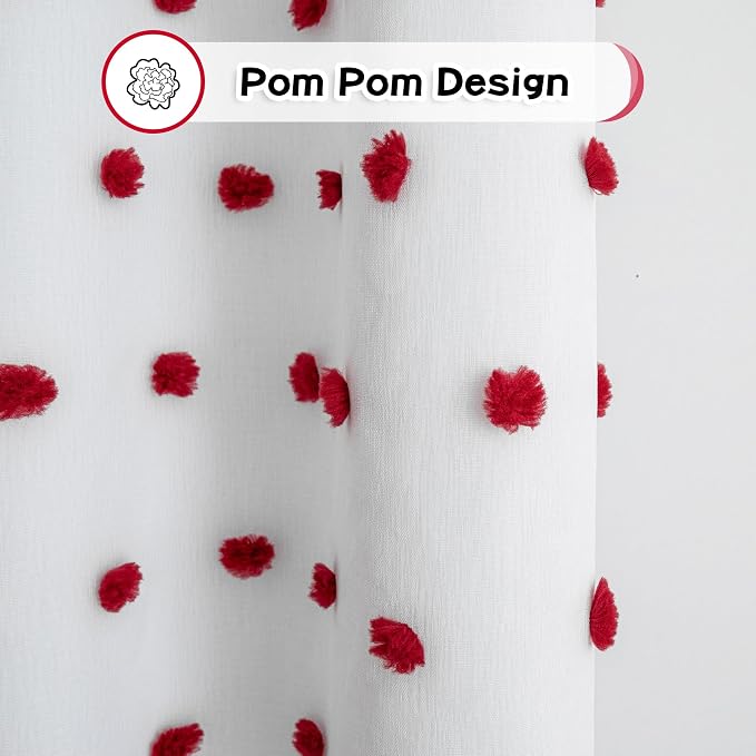 MYSKY HOME Red Christmas Blackout Curtains for Living Room 84 Inches Long Total Light Blocking Curtains for Bedroom 2 Panels Grommet 100% Thermal Insulated Window Drapes with Red Pom Sheer 52W x 84L