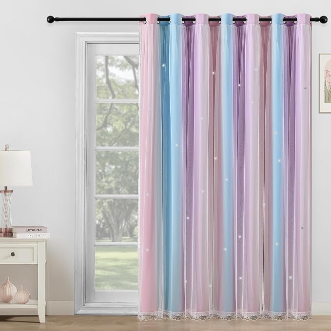 Extra Wide Curtains 84 Inches Long 100 Inch Wide for Girls Bedroom Patio Sliding Door Kids 80% Blackout Curtains for Nursery Room Darkening Rainbow Princess Unicorn Wall 1 Panel 100Wx84L Pink Purple