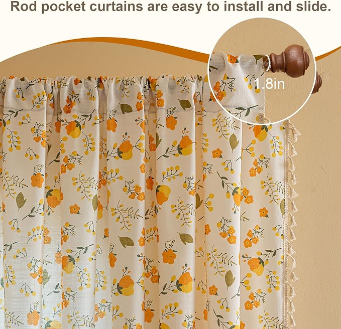 OYX Floral Boho Curtains 2 Panels Short 84 Inch Curtains Patterned Semi Sheer Living Room Drapes Farmhouse Boho Window Curtain Panels with Tassel Beige Rod Pocket Bedroom Drapes
