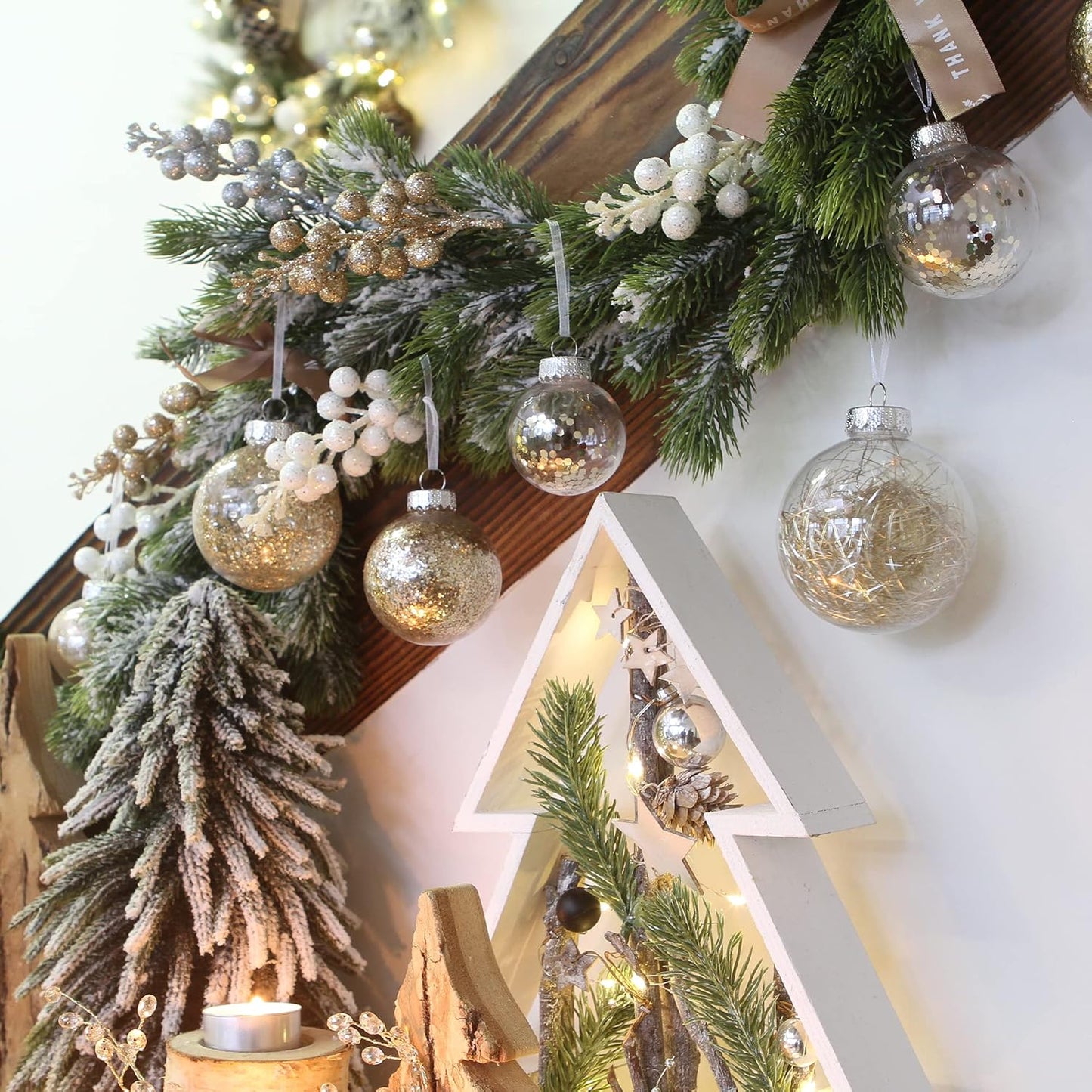 Sea Team 60mm/2.36" Shatterproof Clear Plastic Christmas Tree Ball Ornaments Set, Decorative Hanging Transparent Xmas Baubles with Stuffed Delicate Decorations (30 Counts, Champagne, Silver, White)