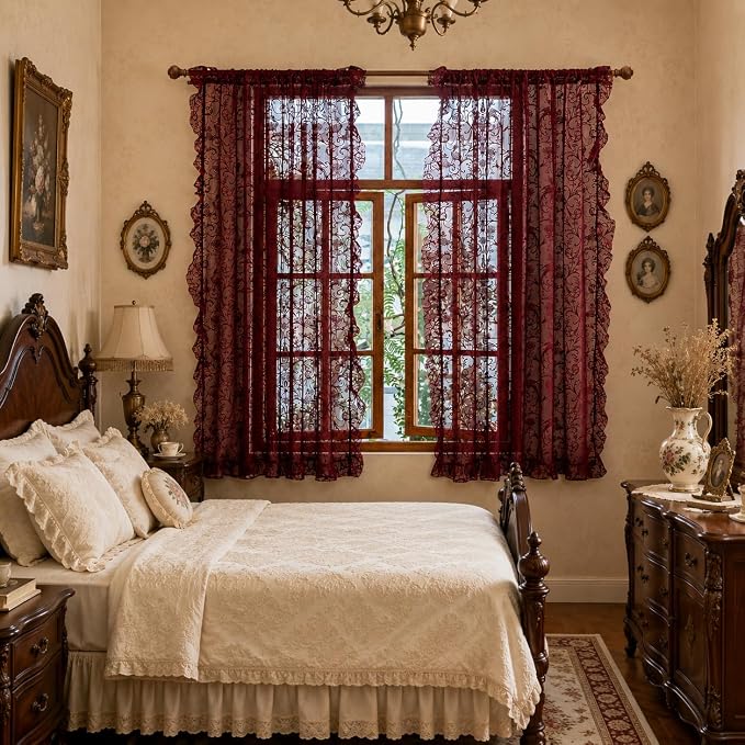 TUDECO Burgundy Lace Curtains 63 Inch Length - Victorian Kintted Sheer Floral Bird Ruffle Curtains for Bedroom, Boho Privacy Dark Red Solid Color Light Filtering Rod Pocket Maroon Decor, 59 x 63 Inch