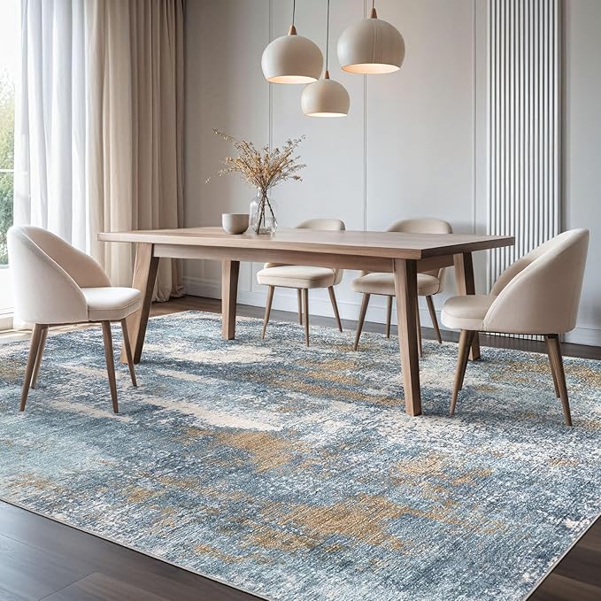 DMOYEST Area Rug Living Room Rugs - 5x7 Washable Soft Indoor Neutral Modern Abstract Low Pile Rug Carpet for Bedroom Dining Room Farmhouse Home Office - Blue Brown