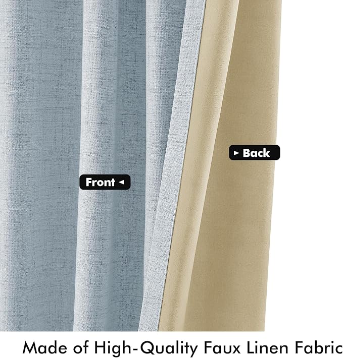 MIULEE 100% Blackout Linen Curtains for Bedroom, Chambray Blue Solid Luxury Decor Thermal Insulation Room Darkening Drapes for Living Room Back Tab Rod Pocket 42 x 63 Inches, 2 Panels